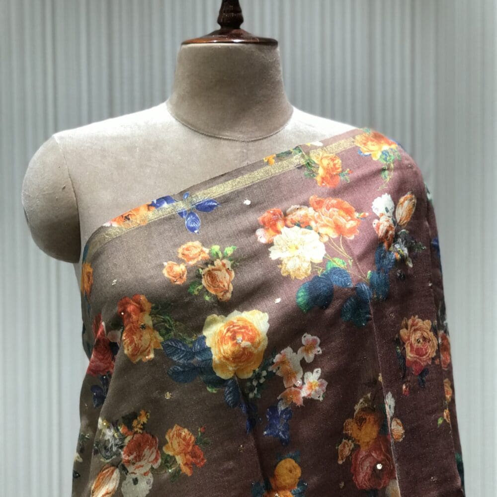 STC2151-TASSAR SILK PRINTED WITH MUKAISH WORK DUPATTA-STC2151-1 Printed Mukaish Dupatta | Tussar Silk