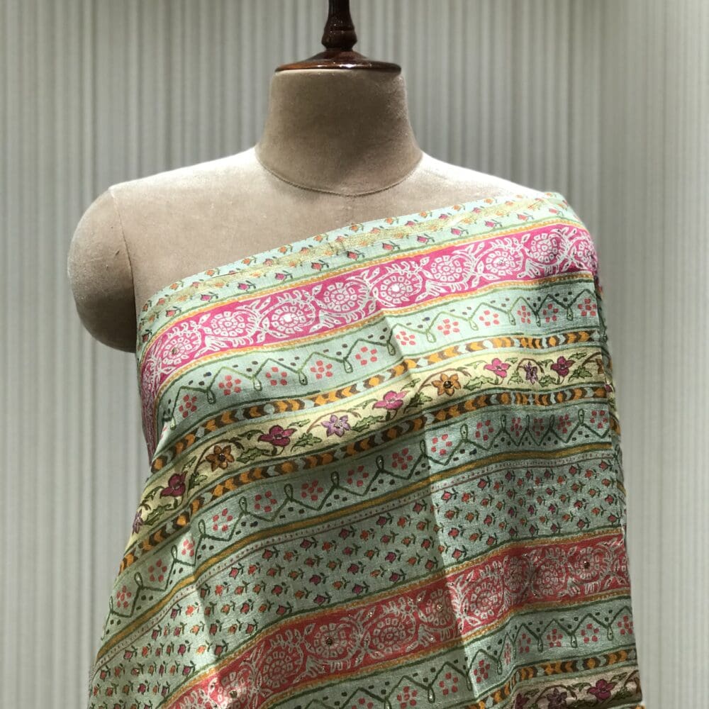 STC2152-TASSAR SILK PRINTED WITH MUKAISH WORK DUPATTA-STC2152-1 Printed Mukaish Dupatta | Tussar Silk