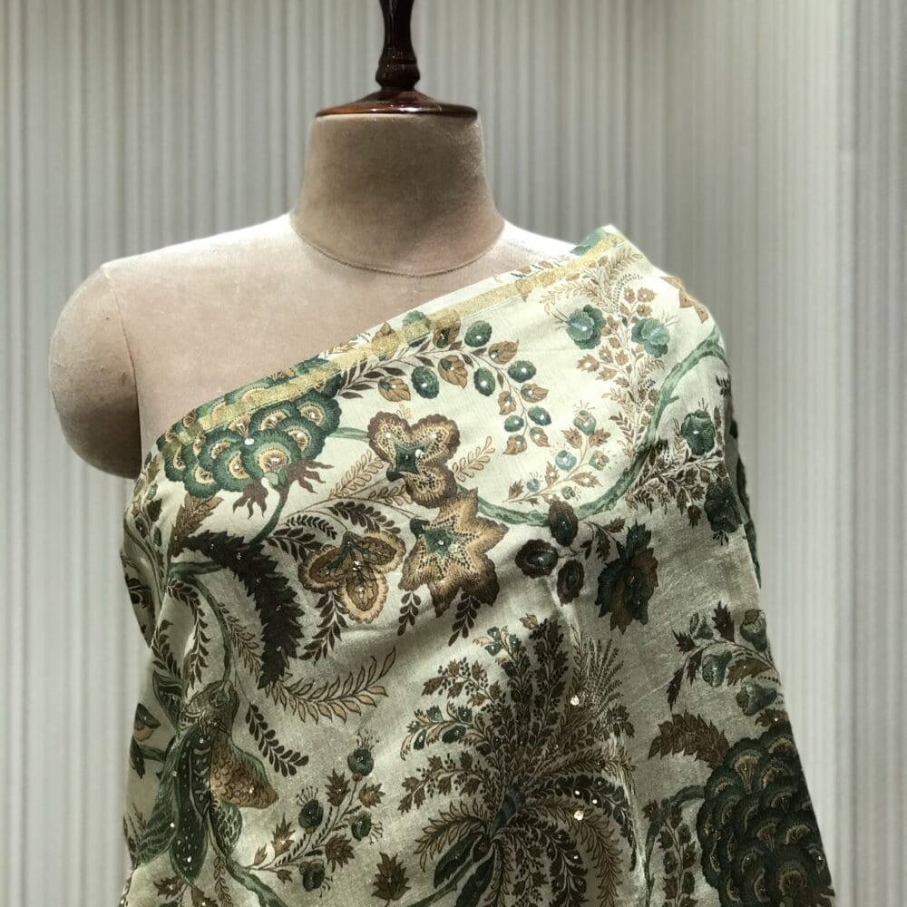 STC2155-TASSAR SILK PRINTED WITH MUKAISH WORK DUPATTA-STC2155-1 Printed Mukaish Dupatta | Tussar Silk