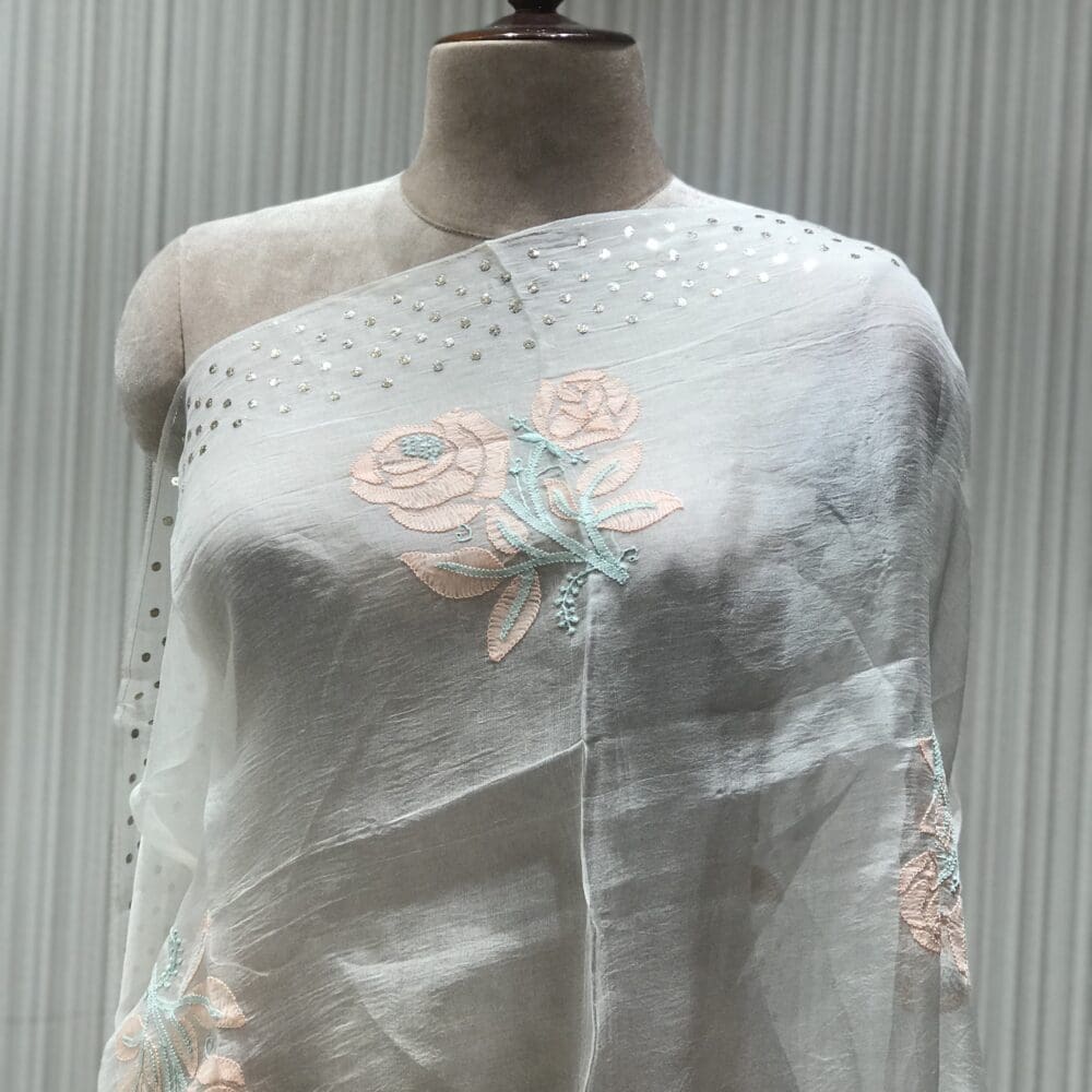 STC2911-ORGANZA SILK EMB MUKAISH DYEABLE DUPATTA-STC2911-1 Embroidered Mukaish Dupatta | Organza Silk