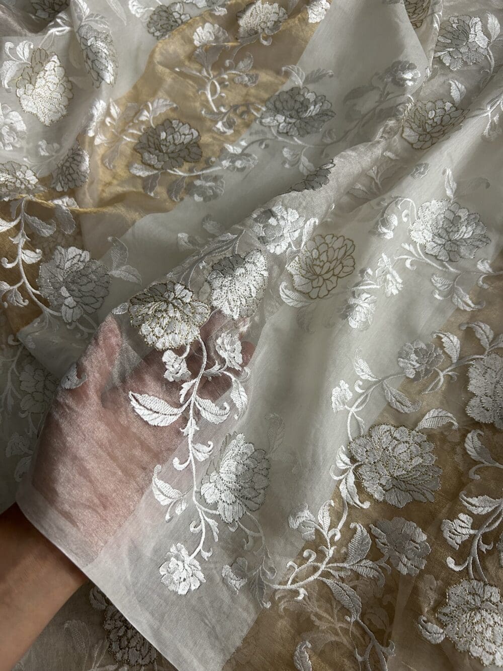 Silk Chanderi Tissue Stripes Embroidery - Image 3